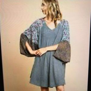 UMGEE Floral Mixed Waffle Knit v-neck balloon sleeves gray dress XL
